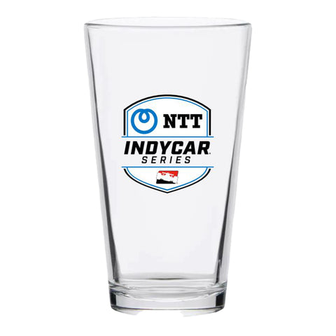 NTT IndyCar Pint Glass in clear with black and blue, front view