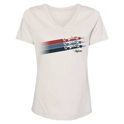 IndyCar Ladies Stripe Car V-Neck Tee in White- Front View