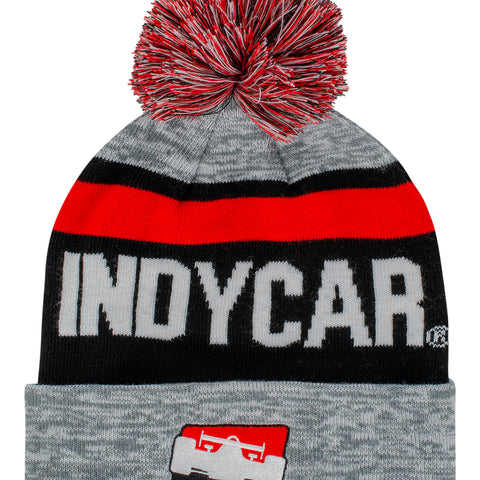 INDYCAR Pom Striped Knit Hat in black, grey and red - front view