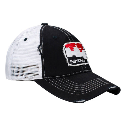 IndyCar Soft Meshback Unstructured Snapback Hat in black and white, side view