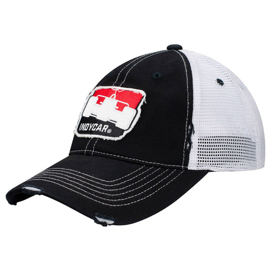 IndyCar Soft Meshback Unstructured Snapback Hat in black and white, front view