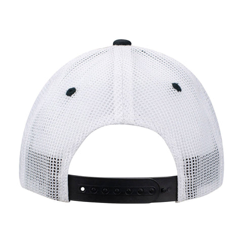 IndyCar Soft Meshback Unstructured Snapback Hat in black and white, back view