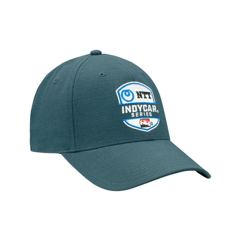 INDYCAR NTT Embroidered Leather Strap Snapback in dark blue-green, side view