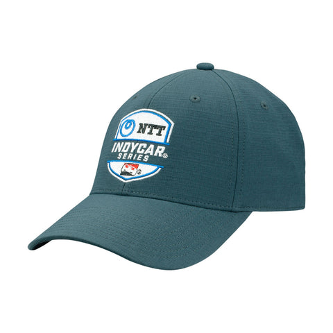 INDYCAR NTT Embroidered Leather Strap Snapback in dark blue-green, front view