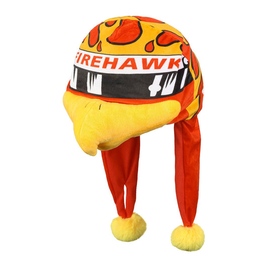 Firehawk Mascot Plush Hat in red and yellow, side view