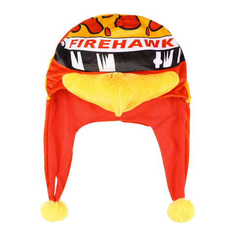 Firehawk Mascot Plush Hat in red and yellow, front view
