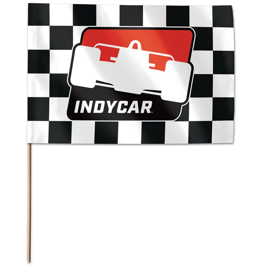 INDYCAR Logo Checkered Stick Flag in black and white checkered, front view