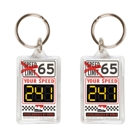 INDYCAR Speed Limit Keychain in red black and white, front and back view