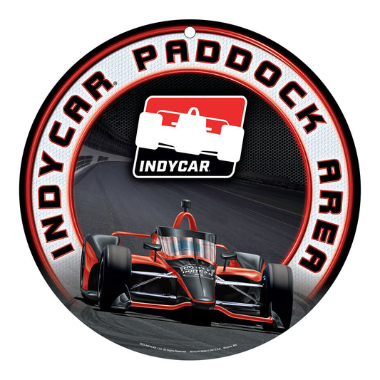 INDYCAR Plastic Round Sign in red and black, front view
